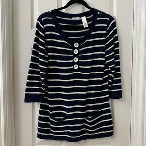 Liz & Co Size Large 3/4 sleeve pullover navy/white stripe sweater